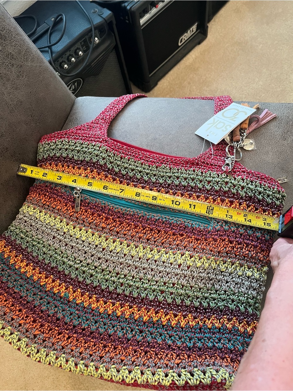 The Sak Gypsy Crocheted Vivid Multistripe Tote Charms Boho Hippie Festival NWT - Picture 14 of 14